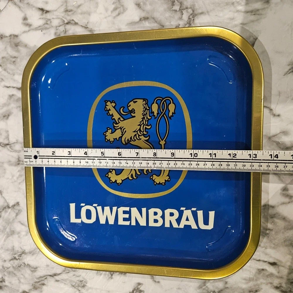Lowenbrau Beer Tray Vintage Blue Gold‎ Lion Metal Barware Collectible